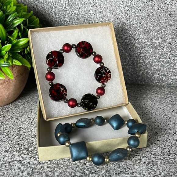Art Glass Beaded Bracelet 2 Pack Bundle Fashion Jewelry Elastic Stretch - Picture 1 of 3